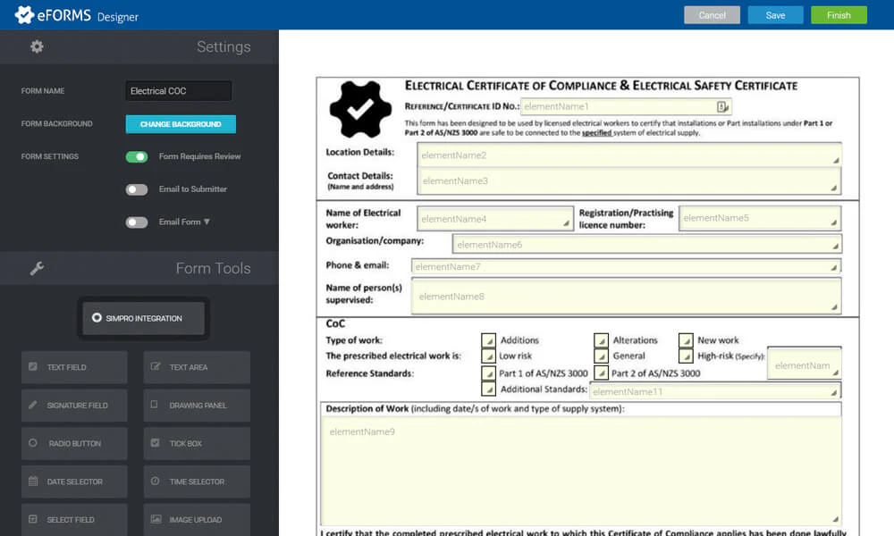 screenshot of Simpro eForms